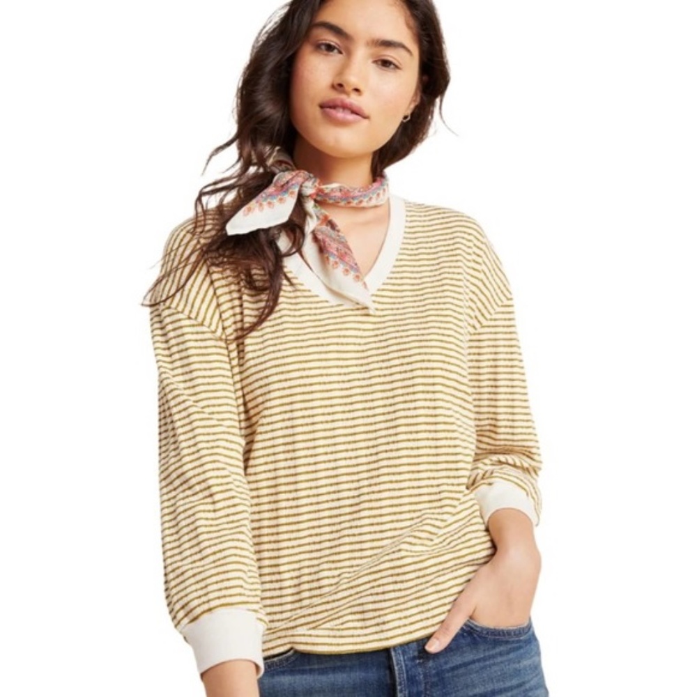 Anthropologie Hannah White Green Combo Stripe Ribbed Scoop V-Neck Knit Top Small